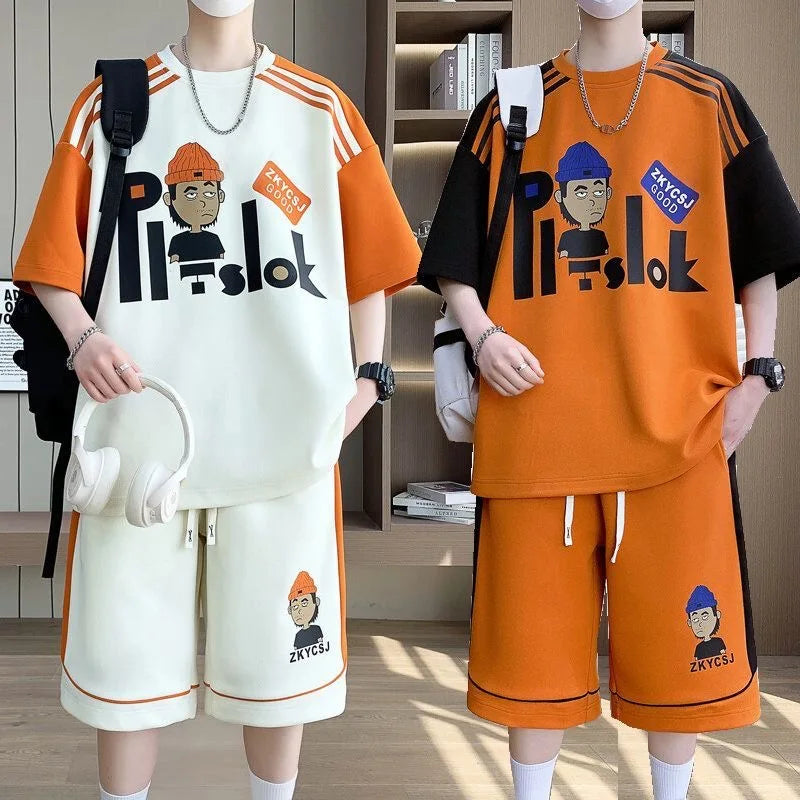Men's Casual Printed Short Sleeve T-Shirt and Shorts Two Piece Set