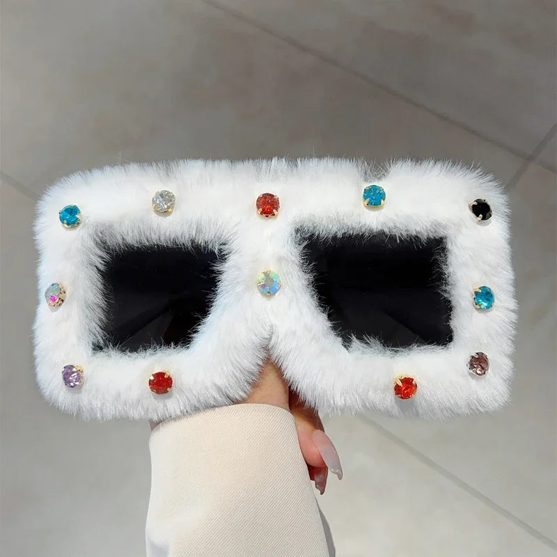 Women's Trendy Furry Rhinestone Square Oversized Sunglasses