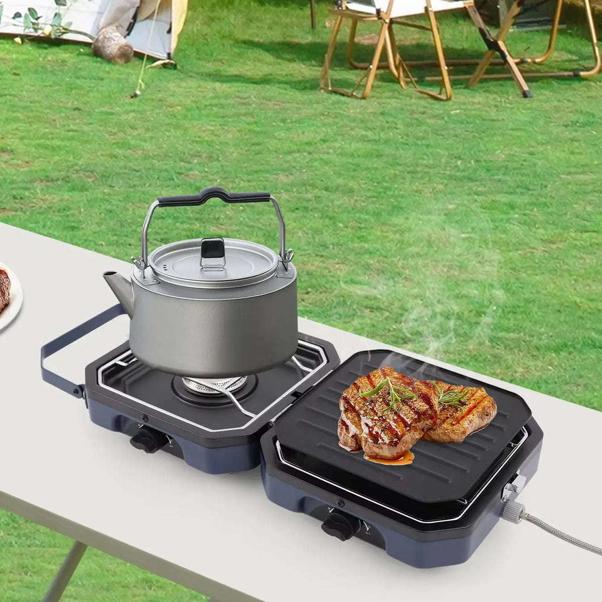 Folding 2-Burner Camping Gas Stove with Non-Stick Grill Pan