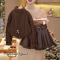 Girls' Knit Sweater Lace Leather Skirt Two Piece Set