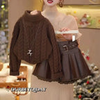 Girls' Knit Sweater Lace Leather Skirt Two Piece Set
