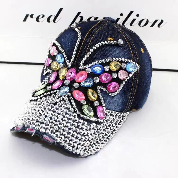Women's Rhinestone Butterfly Denim Baseball Cap Adjustable Snapback