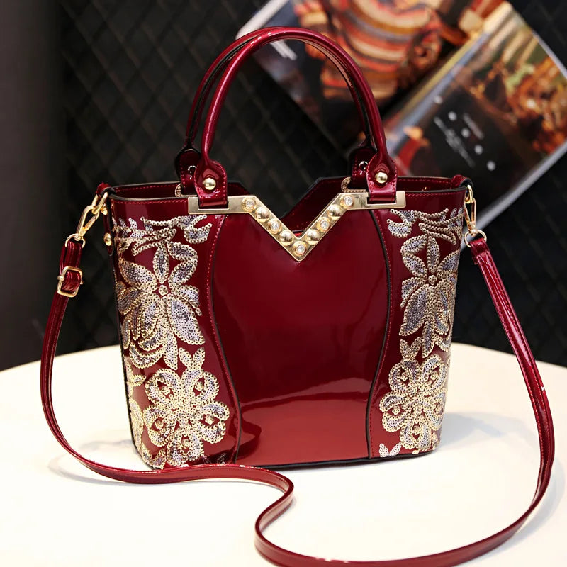 Women's Sequin Embroidered Patent Leather Shoulder Crossbody Bag