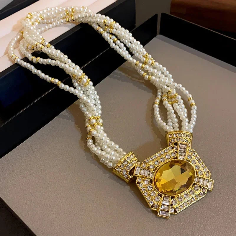 French Style Geometric Pearl Jewelry Earrings and Necklace Vintage Rhinestone