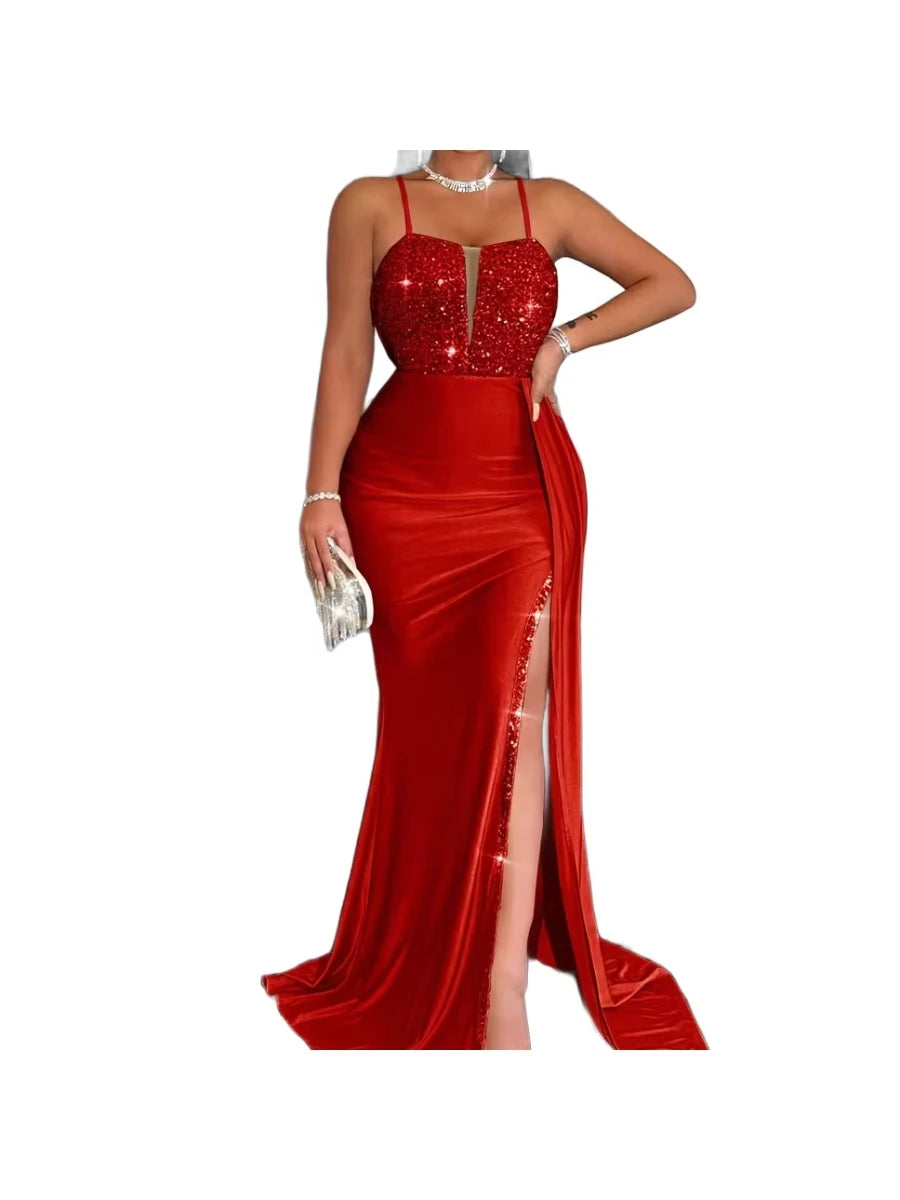 Women's Spaghetti Strap Cutout Sequin Mermaid Train Maxi Dress