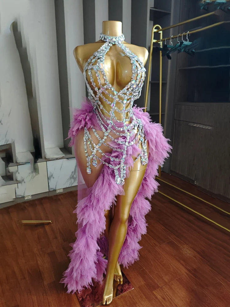 Women's Fashion Purple Spider Web Gauze Halter Two-Piece Performance Dress Set