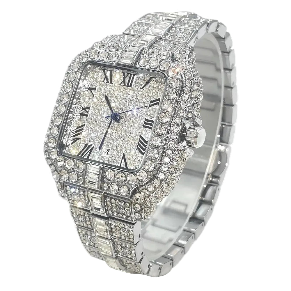 DITALING Men's Hip Hop Square Quartz Watch Stainless Steel 1.7in