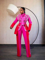 Women's Crystal Embellished Jacket Blazer Suit 2-Piece Set