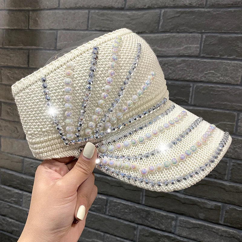 Women's Empty Top Visor Sun Hat with Rhinestones and Pearls