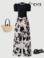 Girls' Beaded T-Shirt Printed Straight-Leg Pants Two-Piece Set