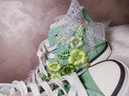 Women's High-Top Canvas Shoes Floral Embroidery Bow Green Handmade Casual