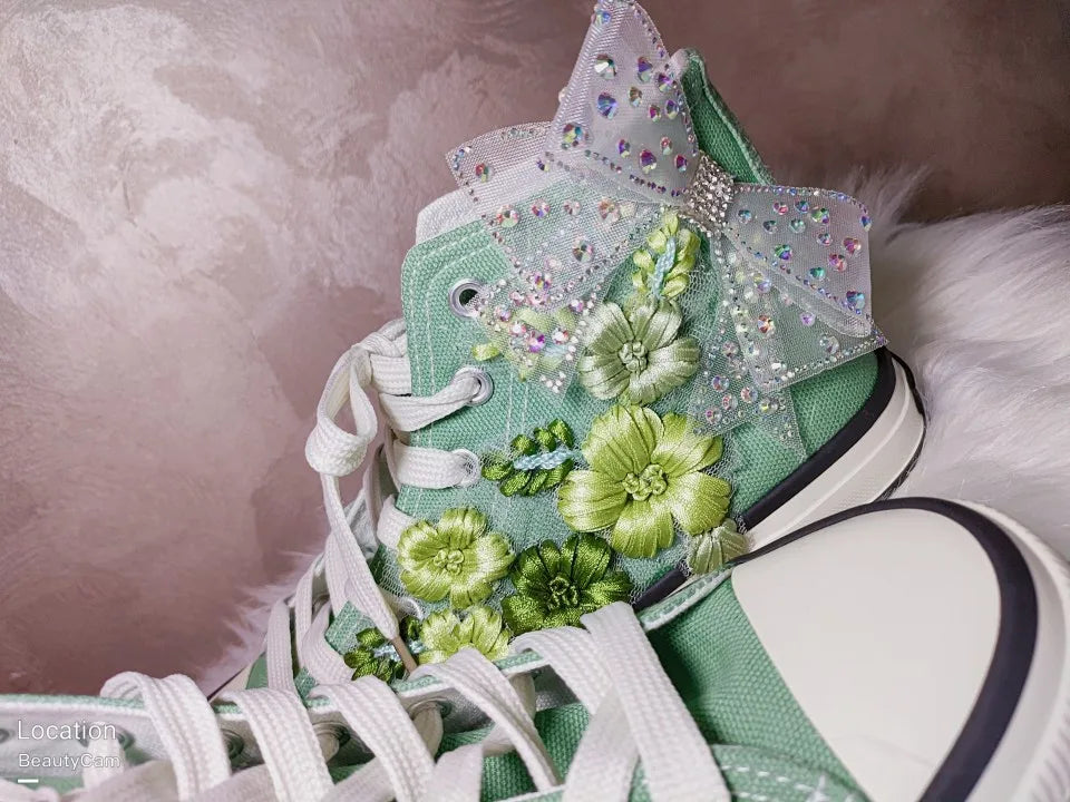 Women's High-Top Canvas Shoes Floral Embroidery Bow Green Handmade Casual