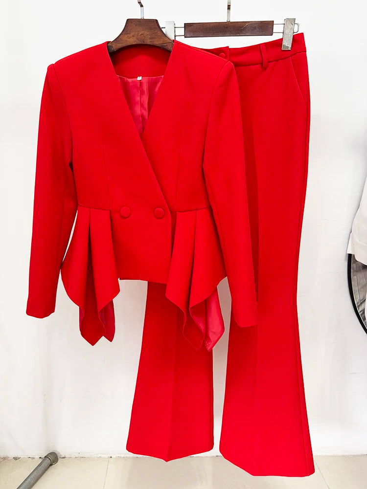 Women's V-Neck Ruffles Jacket Flare Pants Suit Set