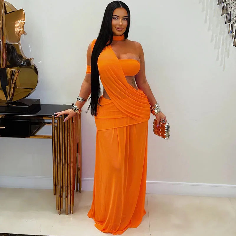 Women's Sexy Sheer Mesh Halter Ruched Floor-Length Maxi Dress