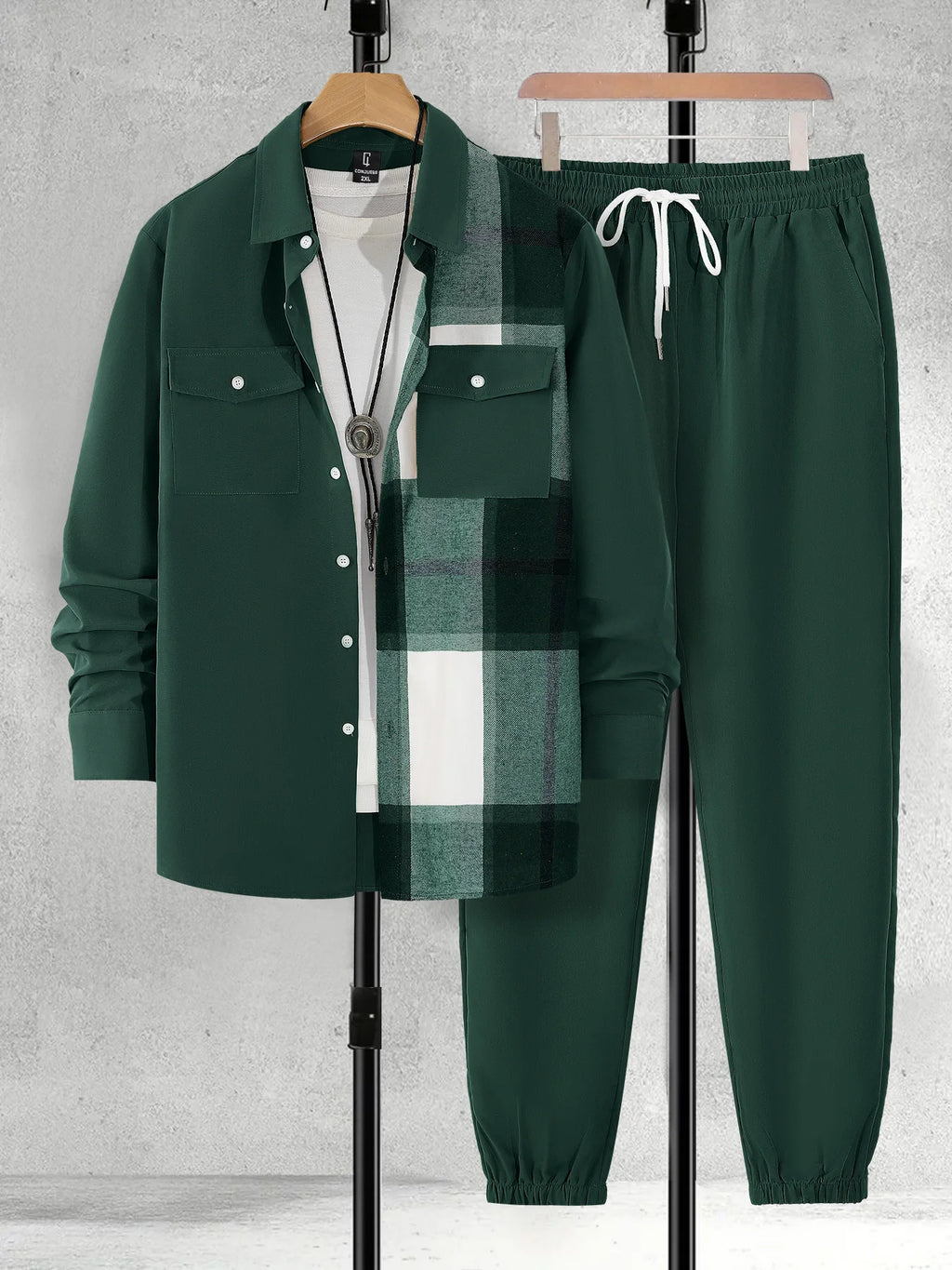 Men's Casual Plaid Patchwork Shirt and Jogger Pants Two Piece Set