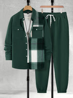 Men's Casual Plaid Patchwork Shirt and Jogger Pants Two Piece Set