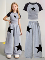 Girls' Star Print Fitted Top Wide Leg Pants Two-Piece Set