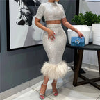 Women's Sequins Glitter Feather Crop Top and Skirt Two Piece Set