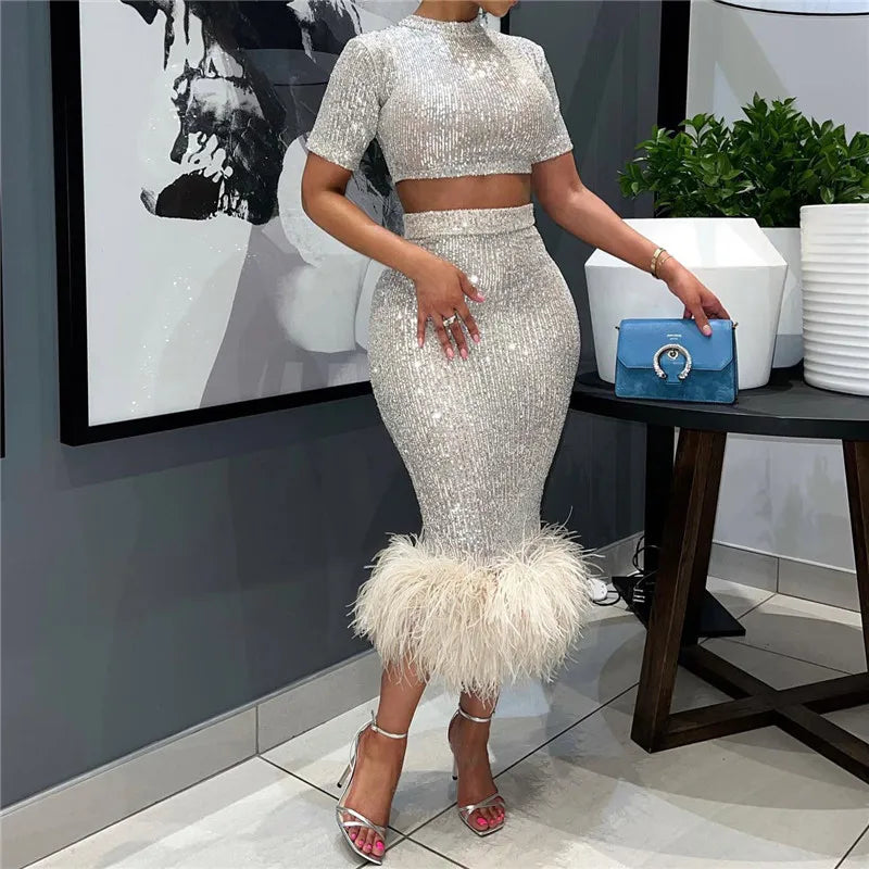 Women's Sequins Glitter Feather Crop Top and Skirt Two Piece Set