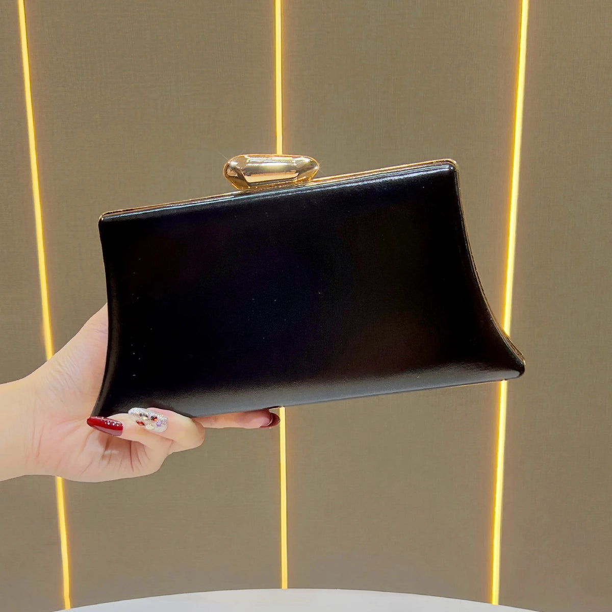 Women's Metallic Trapezoid Evening Clutch Bag with Gold Clasp