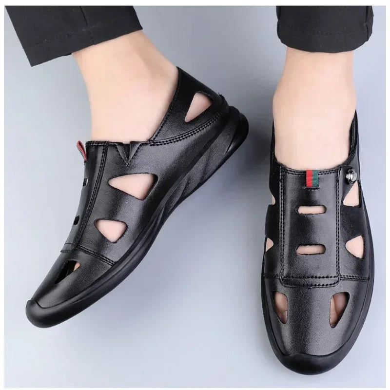 Men's Casual Hollow Leather Sandals Summer Breathable Shoes