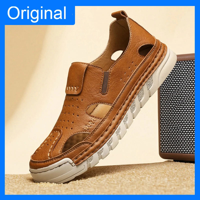 Men's Hand-Sewn Leather Sandals for Daily Outdoor Comfort Rubber Sole