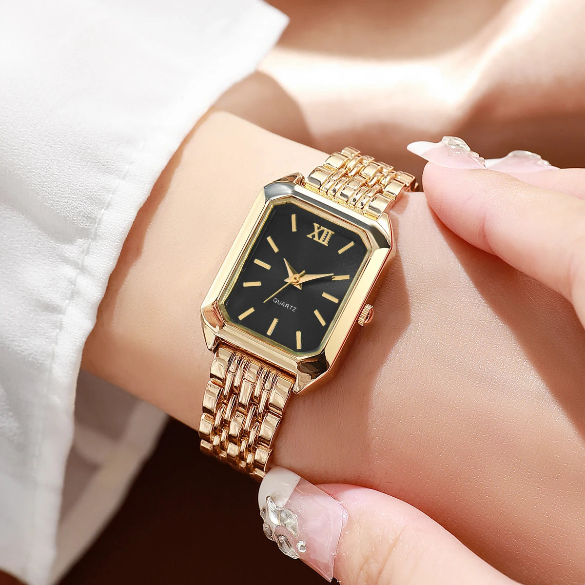 Elegant Rectangle Women's Quartz Wristwatch 5-Piece Jewelry Set