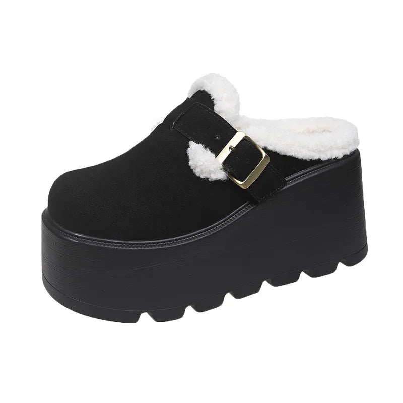 2025 New 9cm Women's Platform Heel Mules Casual Buckle Shoes Closed Toe Backless Slip On Walking Increase Height Wedge Slippers