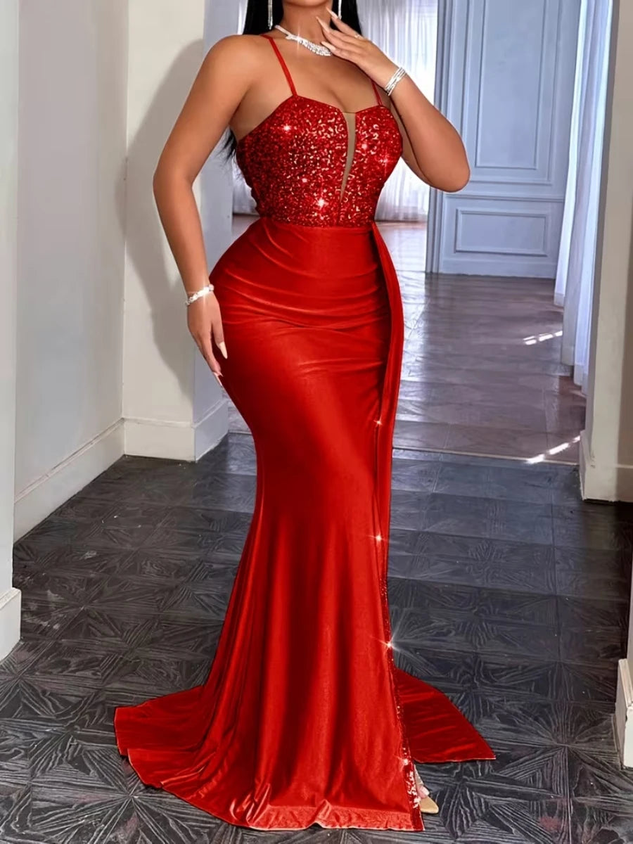 Women's Spaghetti Strap Cutout Sequin Mermaid Train Maxi Dress