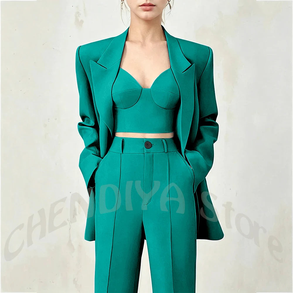 Women's Single Button Tailored Blazer and Pants Suit Set