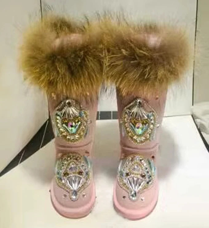 Women's Gemstone Fox Fur Suede Snow Boots