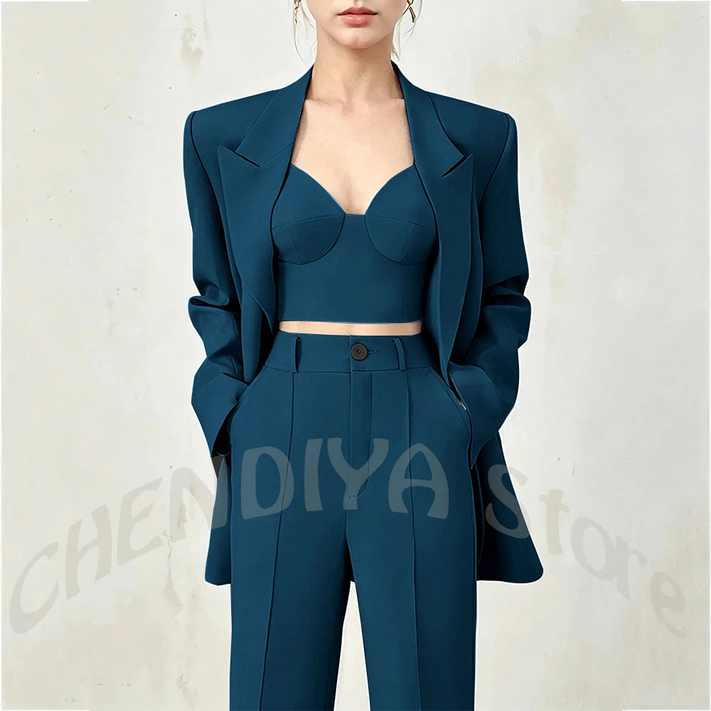 Women's Single Button Tailored Blazer and Pants Suit Set