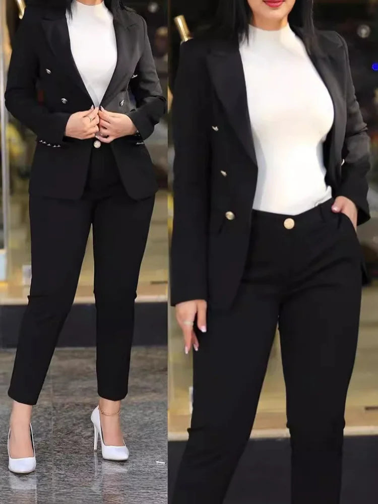 Women's Solid Lapel Blazer Slim Pants Set