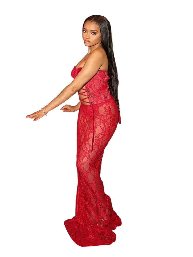 Women's Sexy Mesh Patchwork Strapless Ruched Maxi Dress