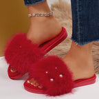 Women's Faux Fur Pearl Slippers Open Toe Plush Home Slides