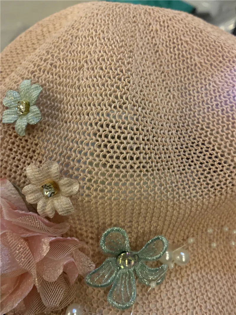 Women's Octagonal Hat with Pearl Flower Decoration