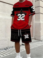 Men's Letter Stripe Print Round Neck T-Shirt and Drawstring Shorts Set
