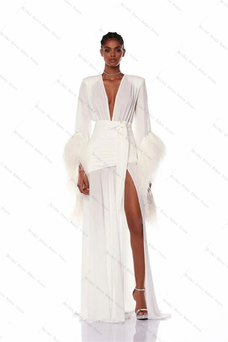 Women's Feather V-Neck Long Maternity Photoshoot Robe Gown
