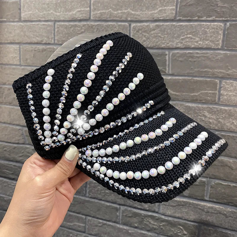Women's Empty Top Visor Sun Hat with Rhinestones and Pearls