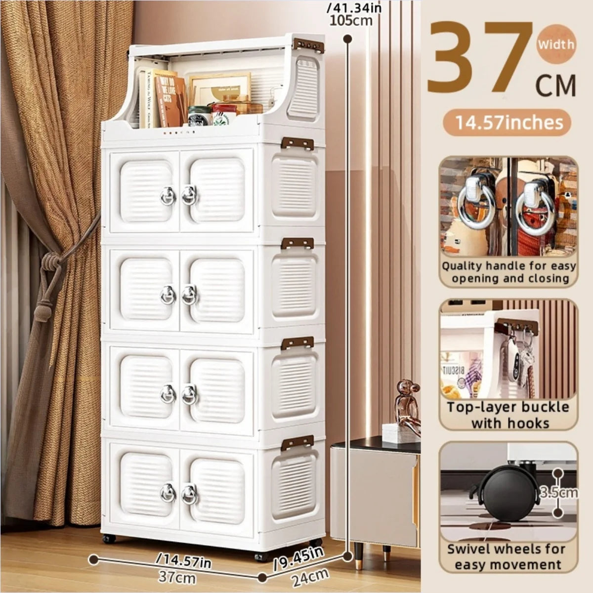 14.6in Foldable PP Plastic Storage Cabinet and Rolling Organizer