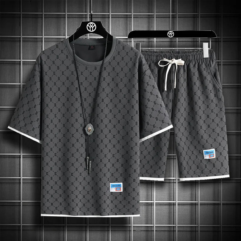 Men's Casual Checkered Shirt and Shorts Two Piece Set