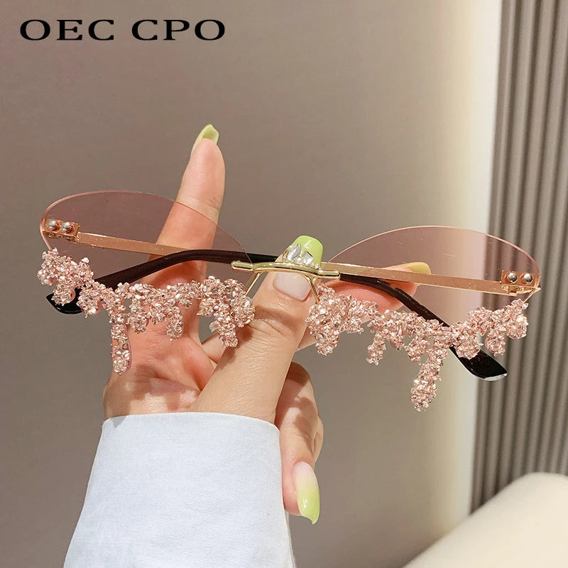 Rhinestone Rimless Sunglasses Women's Tear Drop Party Eyewear