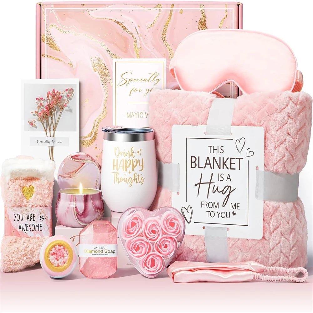 Happy Birthday Gift Basket for Women with Blanket Tumbler and Spa Set