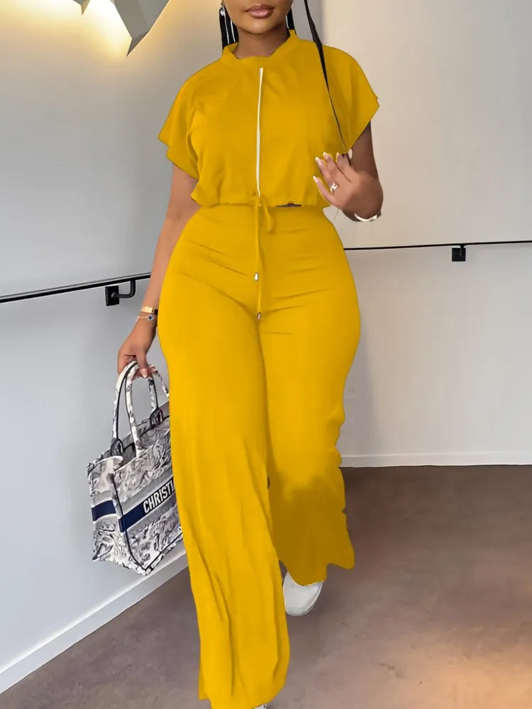 Women's Casual Short Sleeve Top and High Waist Pants Set