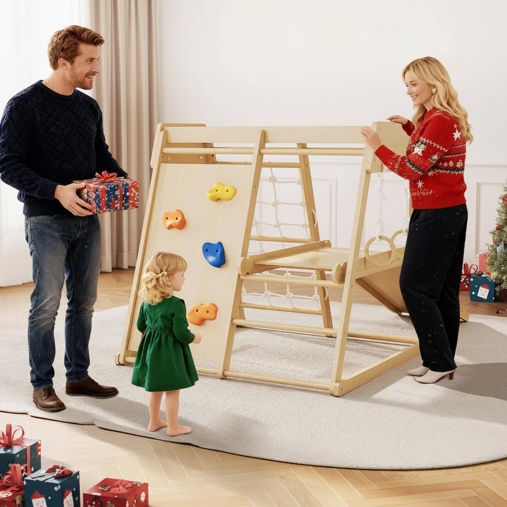 Kids 6 in 1 Wooden Indoor Jungle Gym Slide Climber Playset Toy Set