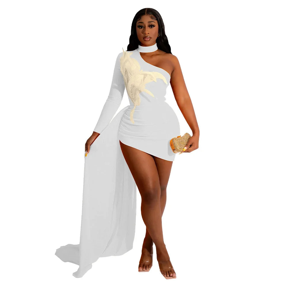 Women's Single Shoulder Feather Patchwork Bodycon Mini Dress