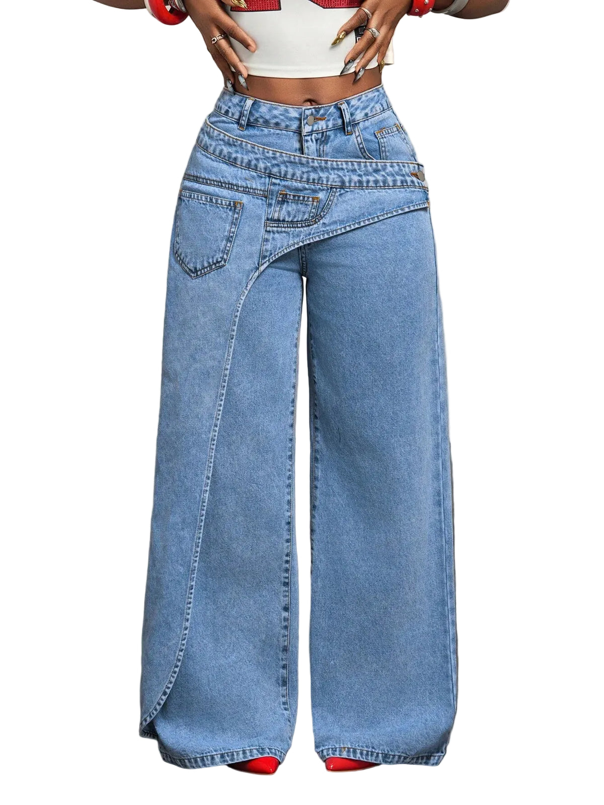 Multi-Pocket Layered Denim Jeans Women's High-Waisted Casual Streetwear