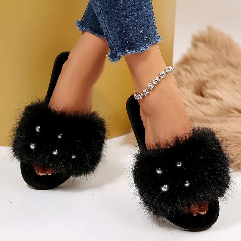 Women's Faux Fur Pearl Slippers Open Toe Plush Home Slides