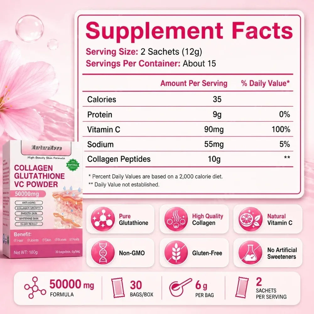 Marine Collagen Peptides Glutathione Vitamin C Powder 30 Sachets 6.3 oz