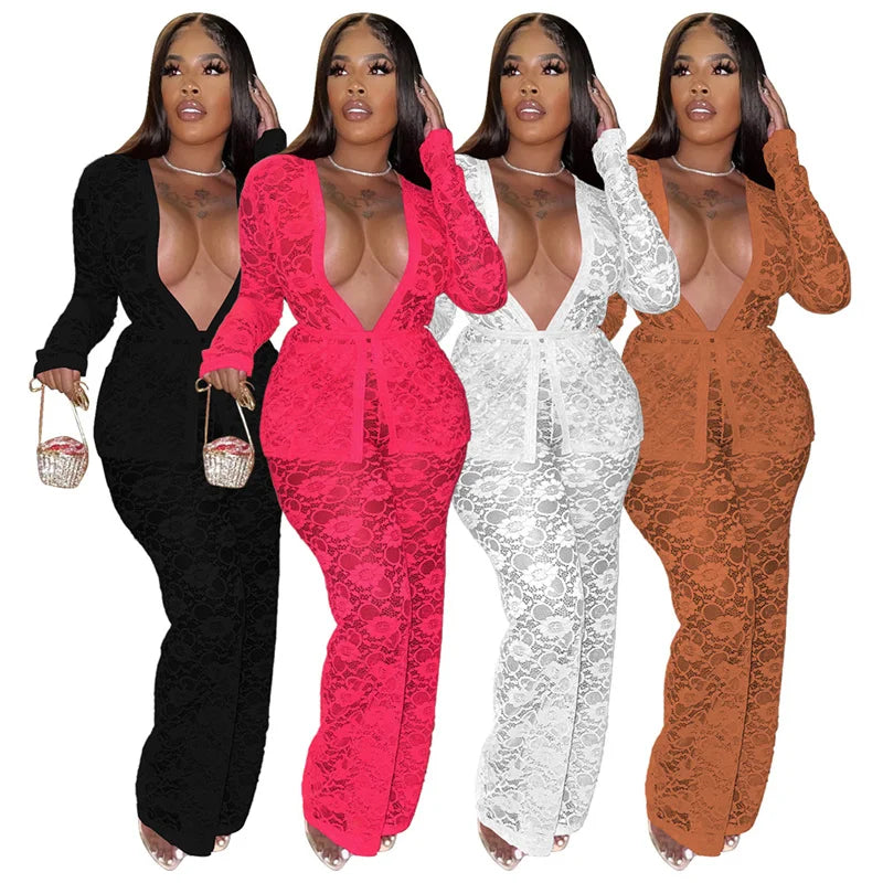 Women's Casual Sheer Lace Two Piece Matching Set